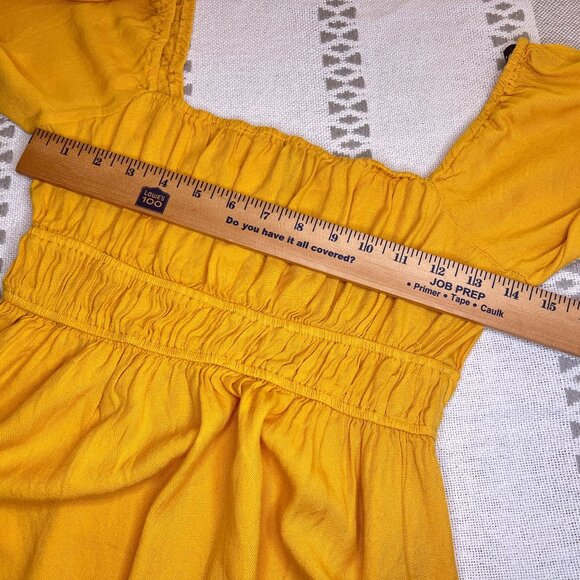Forever 21 Boho Yellow Long Sleeve Mini Dress Square Neck Smocked Waist Ruffle - Picture 9 of 11